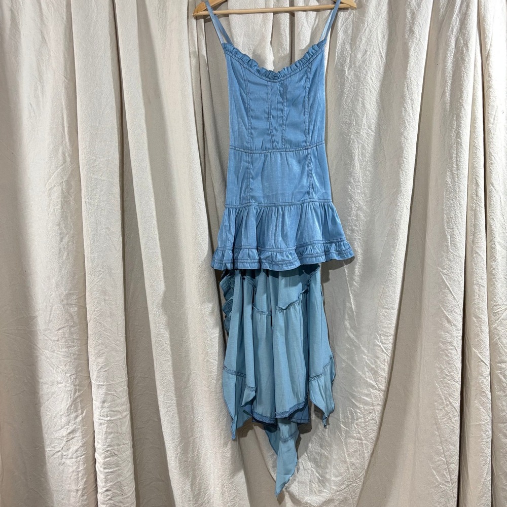 Blue Chambray Ruffle Hi-Low Dress Corset Bodice Handkerchief Hem Medium